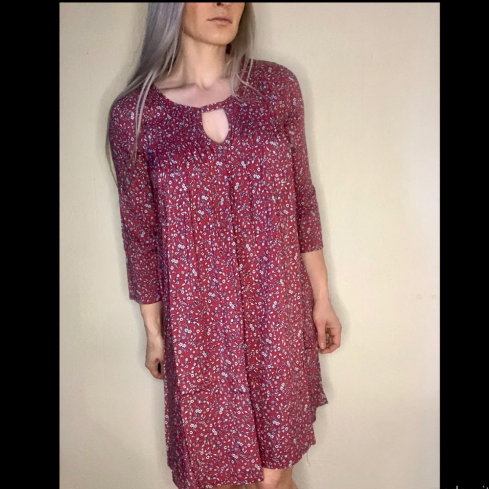 Red flower print swing boho dress